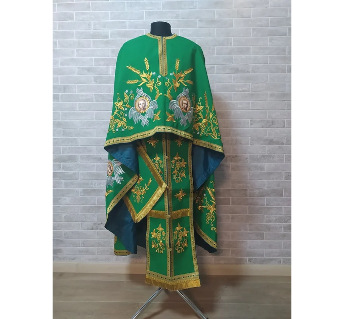 Embroidered Priest Orthodox Greek style vestment in green - Clergy robe suit