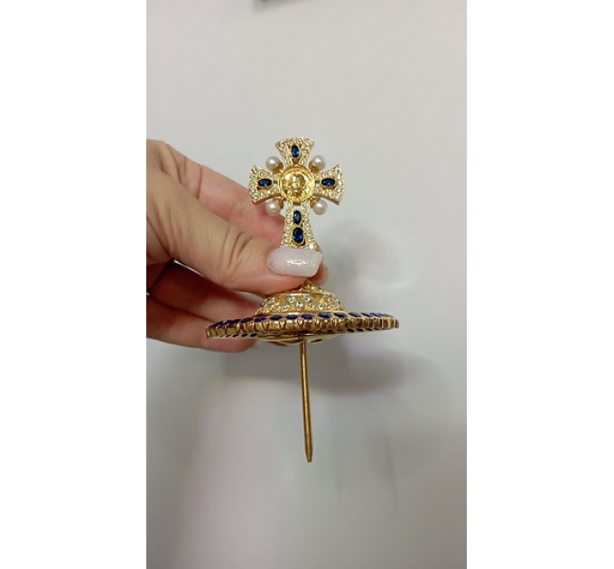 Brass miter cross with stones and pearls, top cross for bishops mitra