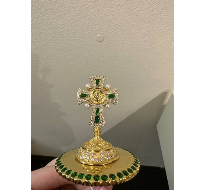 Brass miter cross with stones and pearls, top cross for bishops mitra