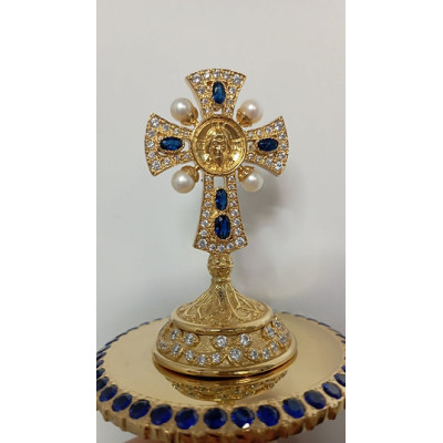 Brass miter cross with stones and pearls, top cross for bishops mitra