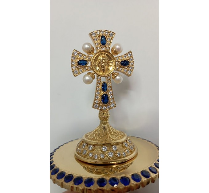 Brass miter cross with stones and pearls, top cross for bishops mitra