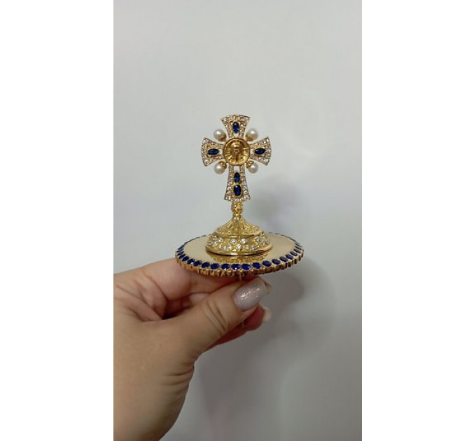 Brass miter cross with stones and pearls, top cross for bishops mitra