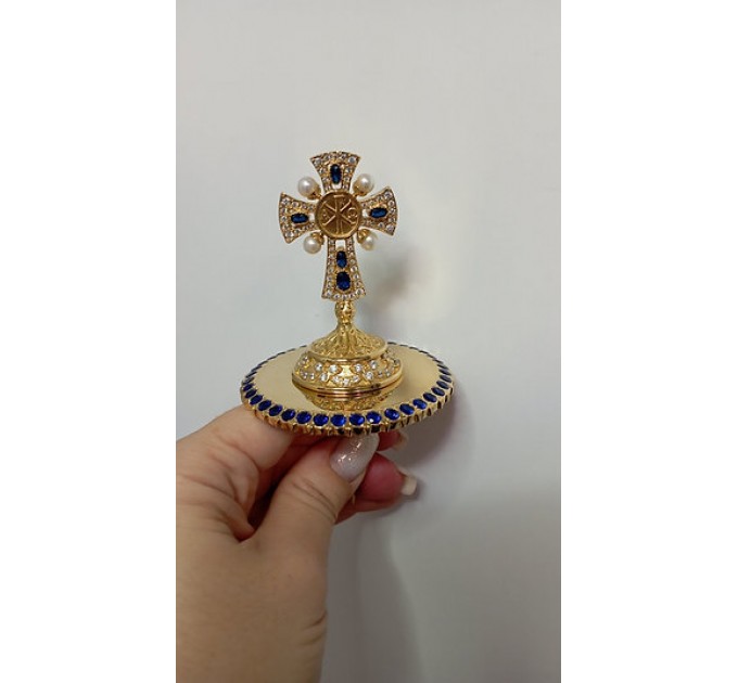 Brass miter cross with stones and pearls, top cross for bishops mitra