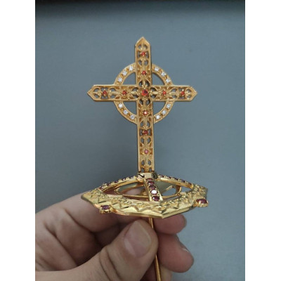 Brass miter cross with stones, top cross for bishops mitra - mitras top cross