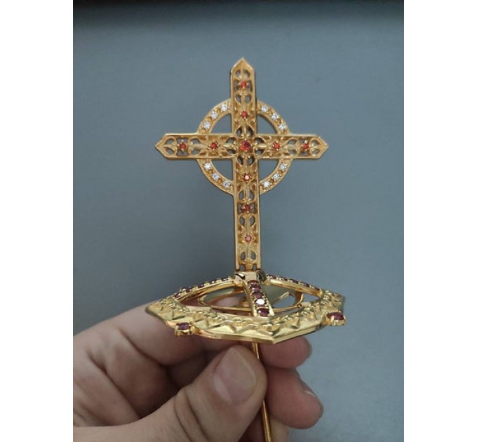 Brass miter cross with stones, top cross for bishops mitra - mitras top cross