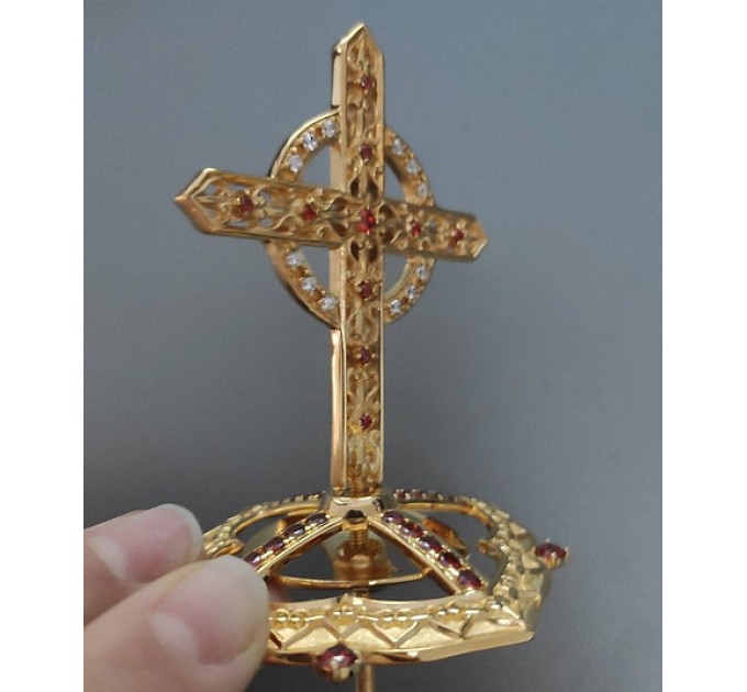 Brass miter cross with stones, top cross for bishops mitra - mitras top cross