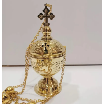 Carved church Incense Burner with chains, brass Censer, Liturgical handmade censer, Liturgical Brass Gold Silver Orthodox