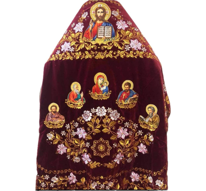 Slavic-style maroon priest vestment on velvet - Orthodox style embroidered vestment set