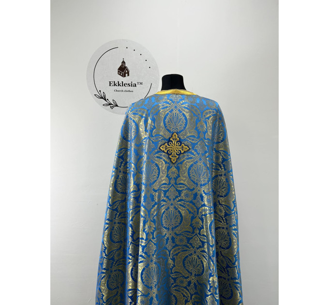 Liturgical vestment - Priest vestment on blue brocade - Church priest set