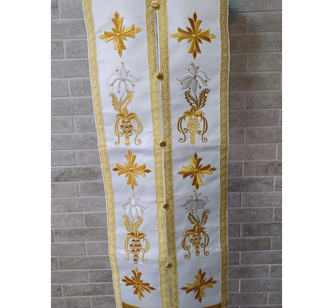 Priest's embroidered stole and cuffs - White communion set - Orthodox gift idea