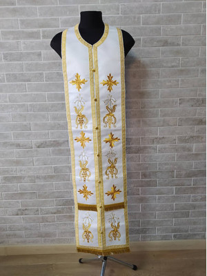 Priest's embroidered stole and cuffs - White communion set - Orthodox gift idea