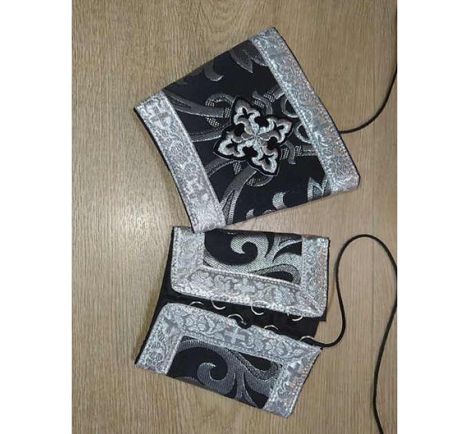 Orthodox stole and cuffs in black brocade - Priest's communion set with silver