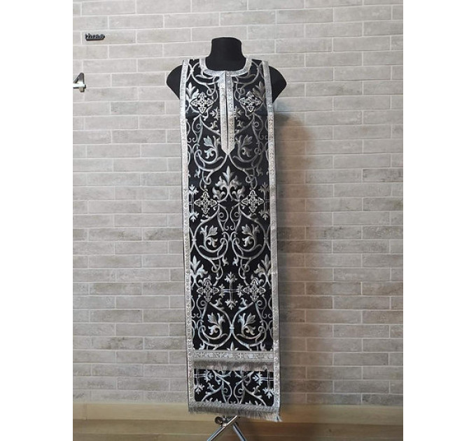 Orthodox stole and cuffs in black brocade - Priest's communion set with silver