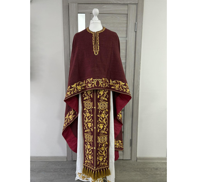 Summer Greek vestment with machine embroidery in linen-gabardine orthodox