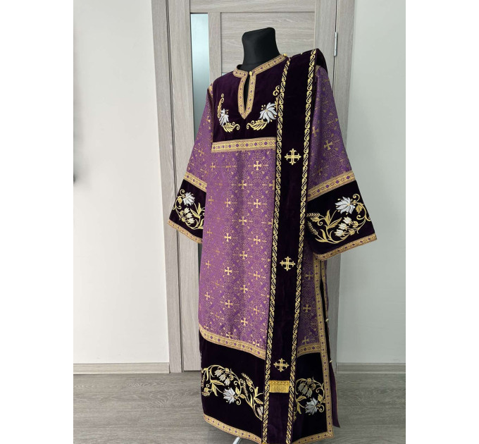 Combined velvet and brocade Deacon's vestments set - Deacon's alb - Orthodox