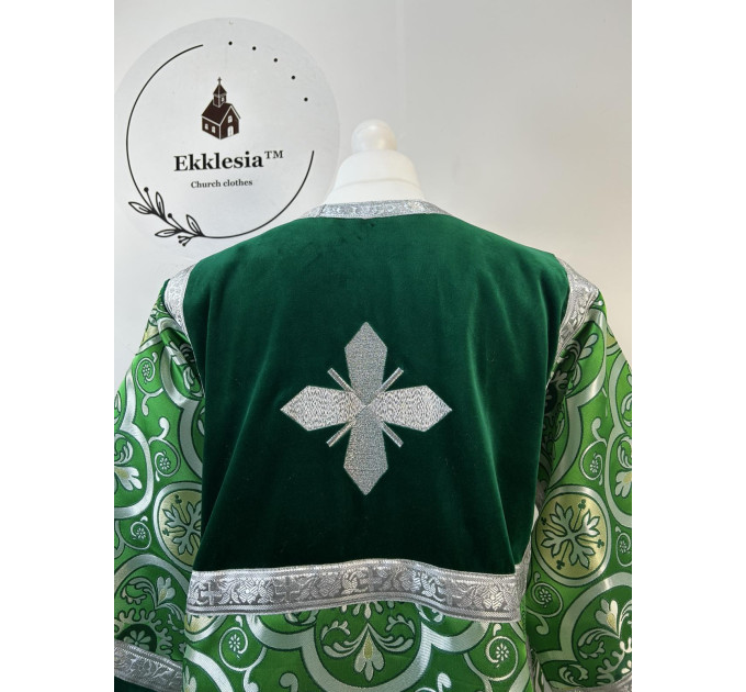 Combined embroidered velvet and brocade sticharion - Stichar rich green fabric